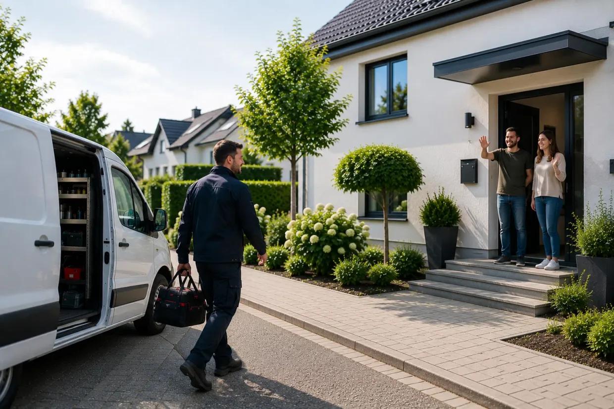 Kammerjäger kommt mit Werkzeugtasche vom Transporter zu einem Wohnhaus, Bewohner begrüßen ihn an der Tür